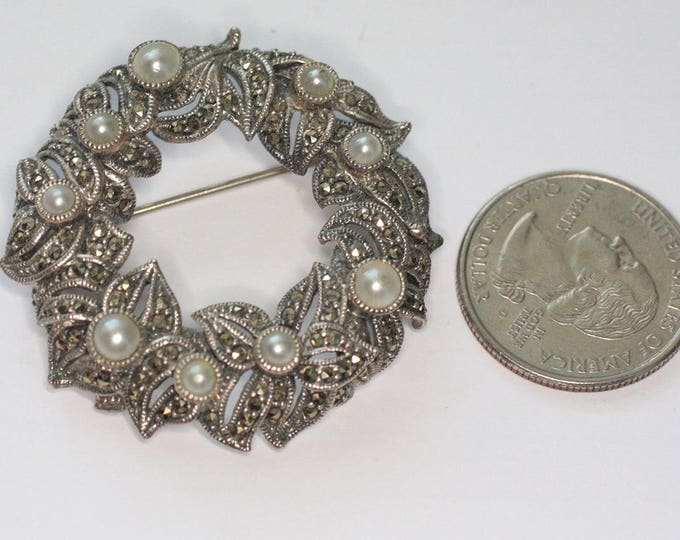 Marcasite Faux Pearl Sterling Brooch Judith Jack Wreath Circle Pin Vintage