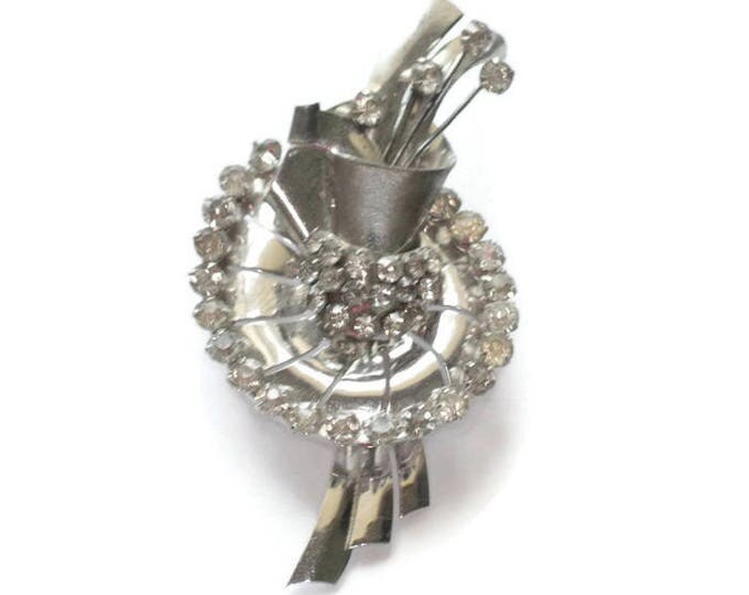 Retro Moderne Sterling Brooch Clear Rhinestones Diamante 1940s Vintage