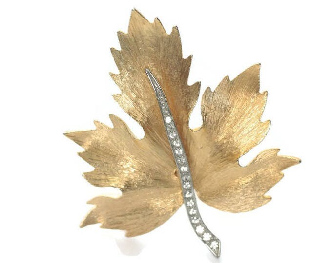 Gold Tone Maple Leaf Brooch Dimensional Clear Rhinestone Accents Vintage