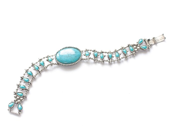 Simulated Turquoise Southwestern Style Bracelet Silver Tone Metal Vintage Bracelet