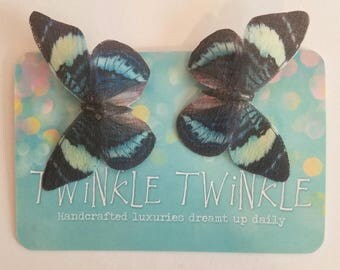 1 Pair Gorgeous Fluttery Blue Green and Black Silk Butterfly Hairclips