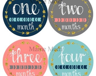 FREE GIFT, Baby Girl Monthly Stickers, Baby Girl Month Stickers, Arrows, Chevrons, Arrow Tribal Nursery Decor, Navy, Gray, Blue Coral