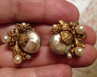 Miriam Haskell Baroque Pearl Earrings Russian Gold Leaves