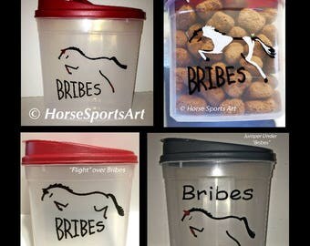 Custom Horse "BRIBES" Treats Container(25 cup capacity w/ Burgundy Lid)Choose Horse Art-Great Gift - Dressage,Hunter Jumper,Reining,Friesian