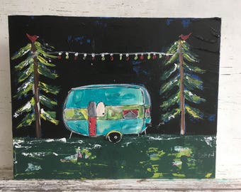 Camper art, airstream trailer, travel, original art, mixed media, 11 x 14 canvas