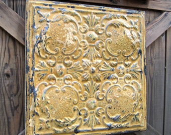 Vintage Ceiling Tin Tile. FRAMED 2'x2'. Pressed tin. FABULOUS original paint. Rustic & pretty at the same time.