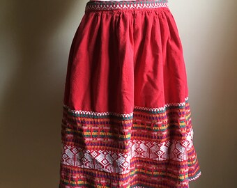 50s 60s Red Guatamalan Cotton Mid Full Skirt