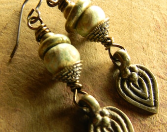Bronze Leaf Earrings African Brass Artisan Ceramic Green