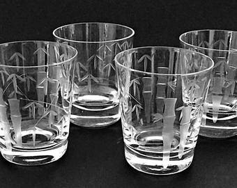 4 Vintage Bar Glasses Etched Glass Whiskey Glasses Tapered Rocks Glasses Low Ball Glasses Etched Asian Bamboo Glass Barware