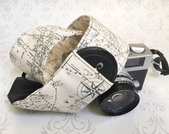 DSLR Camera Strap, 2 Lens Cap Pockets, Padded, Travel Photographer, Nikon or Canon Camera, Binoculars Strap, Photographer Gift - Maps