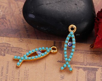 5 pcs. Gold Plated Green Blue Imitation Turquoise Evil Eye Cabochons Jesus Ichthys Fish Charms Pendants - 26mm x 7mm (1" x 1/4")