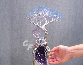 Wire Tree Of Life sculpture, Wind Tree Spirit, Uruguay Amethyst Quartz, Sea Shell, Blue Kyanite, Carnelian, unique home decor metal tree art