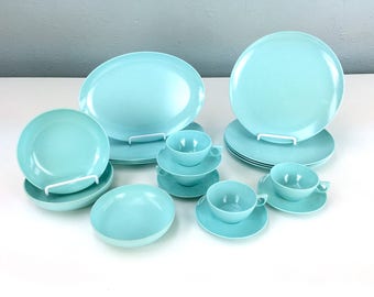 Turquoise Aztec Plastic Dinnerware Set, 1950s Blue Dinnerware, Aztec Melmac Dinnerware St Louis MO, Espresso Cups, Dinner Plates, Bowls