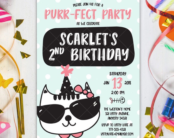 Cute Kitty Cat Birthday Party Invitation, Kitty Birthday Invitation, Cat Birthday Party, Cool Cute Kitty Purr-fect Party Invitation v.1
