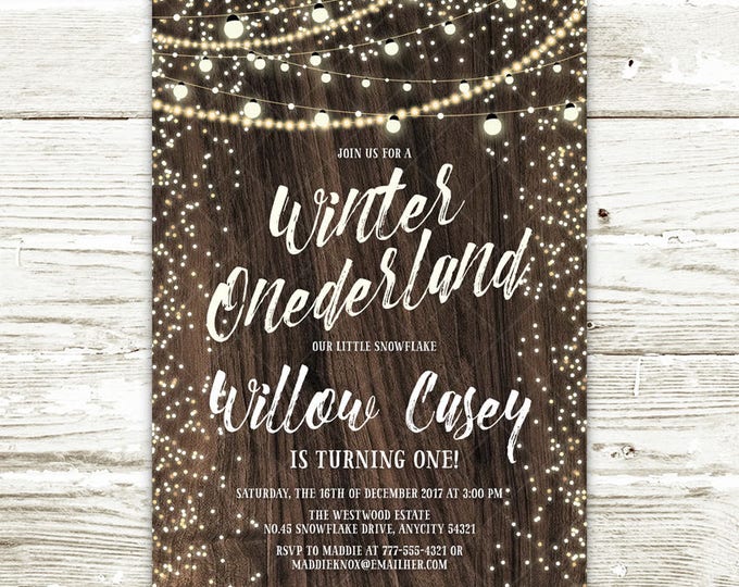 Rustic Winter Onederland Birthday Invitation, String Lights and Wood Snowflake Winter Onederland Party Printable Invitation