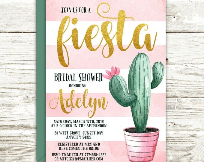 Cactus Fiesta Bridal Shower Printable Invitation, Cactus Party Bachelorette Hen's Night Fiesta Party Printable