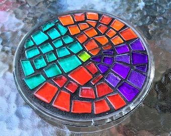 MOSAIC CANDLEHOLDER / TRIVET - 6" Round - Unique, Gorgeous, Multi-Colored Glass Tiles on Glass Base / Ready-to-Ship - Ooak!