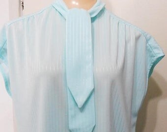 On Sale Vintage, Blouse, Secretary, Kitty Bow, 1960s, Aqua, Retro, 44 Bust, Large, 60s Blouse, Retro Blouse, Extra Large, Bow Blouse, Aqua B