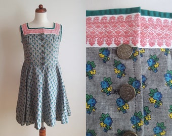 Vintage Dirndl Dress - 1970's German Peasant Dress - Grey Dirndl Dress - Size S