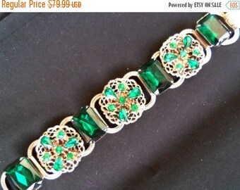 Now On Sale 1950's Green Rhinestone Bracelet Collectible Jewelry Mad Men Mod Black Tie Formal Hollywood Regency Rockabilly Accessories