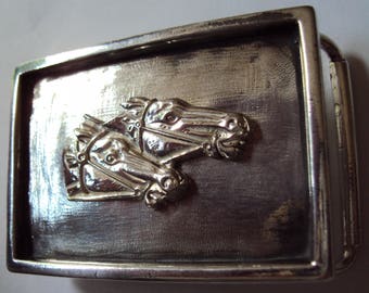 Hallmarked Solid Sterling Silver Horses "By a Nose" Belt Buckle
