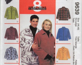 Unisex Shirt Jacket With Front Button Zipper Or Button Closure Plus Size Ex Lrg Sewing Pattern McCall's 9639