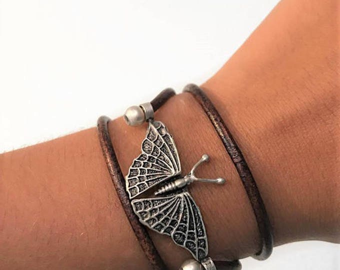 ŵomen butterfly leather wrap bracelet, leather wrap bracelet, fashion triple wrap leather bracelet with color choices uno the 50 style