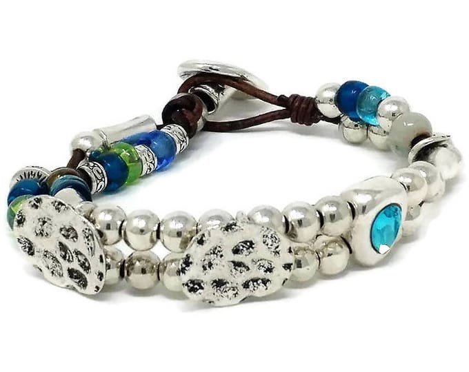 Women leather bracelet with two lines, crystal bead, women bracelet,uno de 50 bracelet style