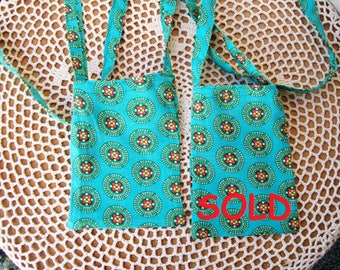 India inspired CELLPHONE POUCH Teal Green Mandalas Fabric Strap Cell Phone Mini Neck Bag Gadget Android Iphone Necklace - Ships free in US