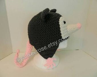Opossum Hat with Ear Flaps - Possum Hat Adult- Children's Sizes