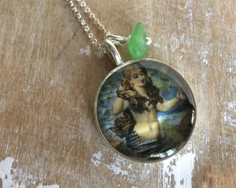 Maine green sea glass mermaid necklace, mermaid sea glass necklace, resin mermaid necklace, Maine sea glass jewelry, vintage mermaid pendant