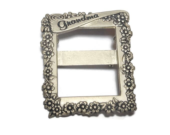 FREE SHIPPING Grandma brooch standing picture frame, Grandma on pennant on frame of flowers, floral stand on table or wear, NOS