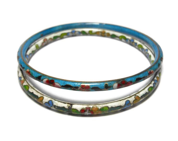 FREE SHIPPING Cloisonne bangle bracelets, set of two, white and blue bangles, floral pattern, gold edging, enamel finish, Chinese export