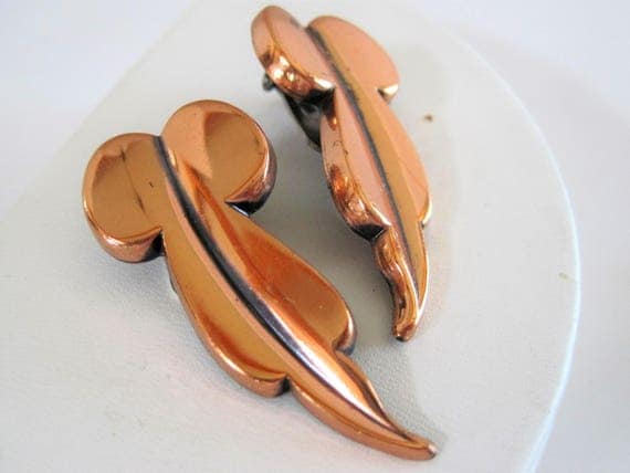 Renoir Copper Earrings - Modernist Mid Century - Clip On Signed