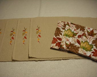 Set of 4 fall autumn maple leaf placemats and coordinating leaf cotton napkins. Machine embroidered.