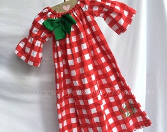 Christmas Dress, Christmas Personalized Dress, Christmas Dress with Monogram, Red Gingham Dress, Red and Green Dress, Baby, Toddler, Girl