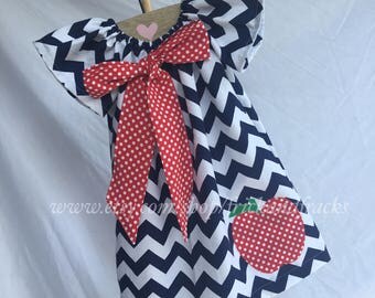 Navy Chevron Apple Dress, Back to School Dress, Back to School Outfit, Apple Peasant Dress, Apple Dress, First Day of School Dress, Girl