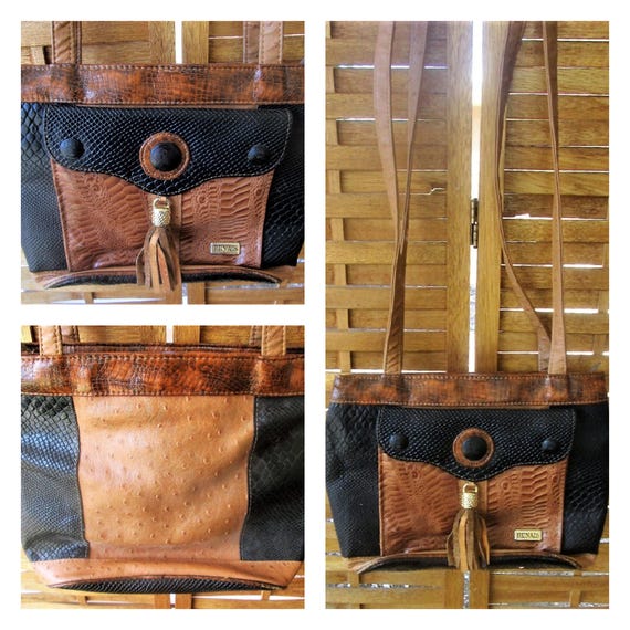 Vintage Shoulder Bag Leather Black Brown Purse by Renais