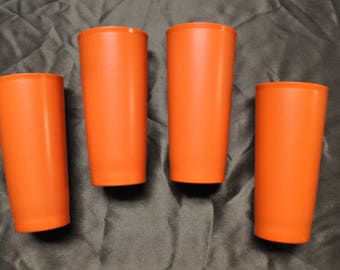 4 Orange Tupperware Tumblers - 7 1/2" Tall - 16 ounces (2 cups)