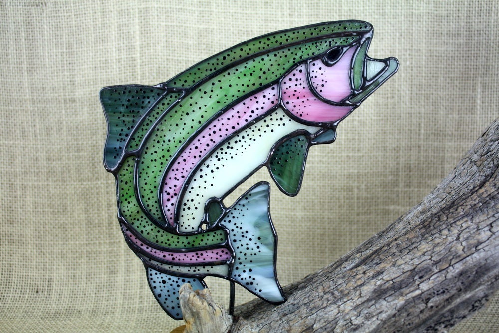 Rainbow Trout Stained Glass with Dragonfly on Wood Base