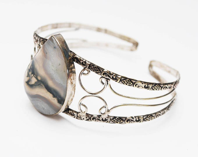 Sterling Agate Bracelet - Large cuff Bangle- Silver Scroll - Gemstone bracelet
