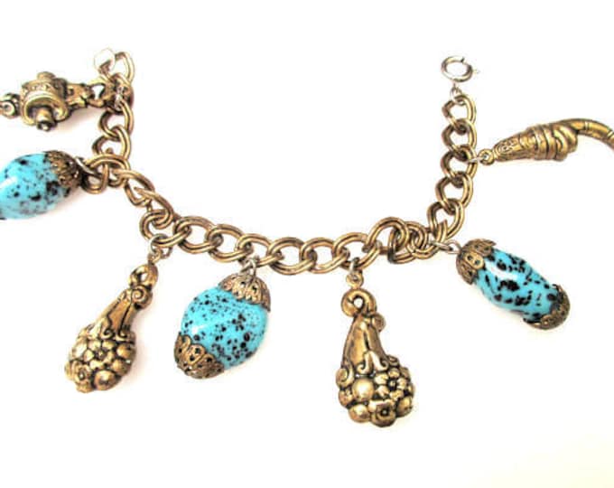 Brass Charm Bracelet - Turquoise blue art glass - unique brass charms- chain bangle