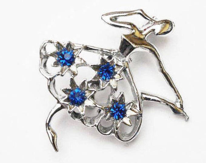 Ballerina brooch - Signed Gerry - Blue Rhinestones - Silver dancer figurine pin