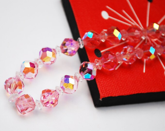 Pink Crystal Bead Necklace - Signed Laguna - Aurora borealis - Facet glass beads - Mid century