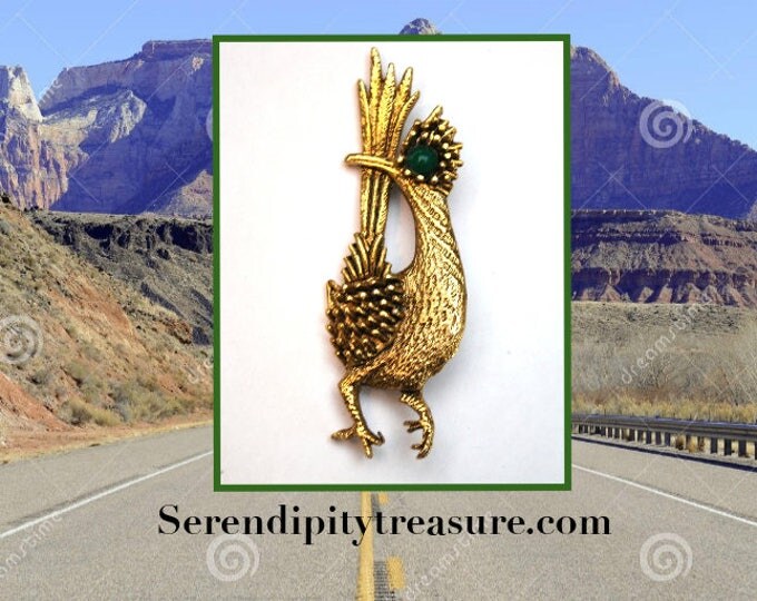 Road Runner Bird Brooch -Signed Ambassoder - Gold metal - green eye - figurine bird pin