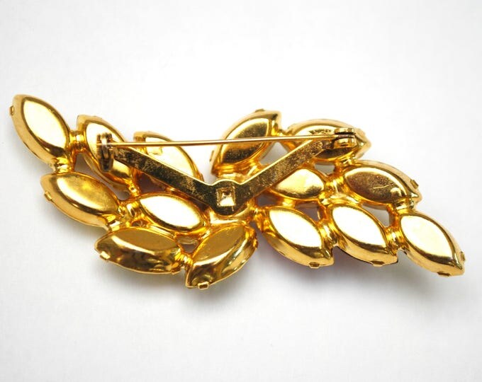 Rhinestone Bar Bow Brooch - Light yellow Crystal - dark Orange Glass -- gold setting Floral pin