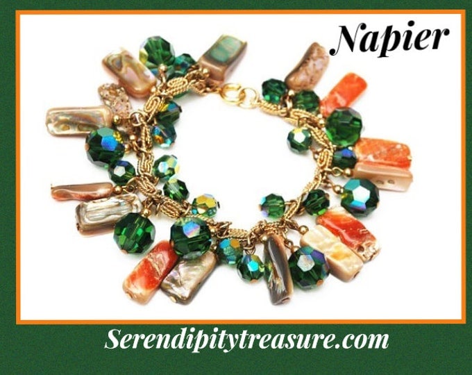 Napier crystal abalone Charm Bracelet - green tourmaline Crystals Charm - Abalone Shell beads Cha cha bracelet - 1980 Book Piece