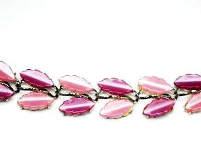 Purple Pink Thermoset leaf Link Bracelet - Vintage Moonglow Lucite Plastic - Silver tone - Mid Century - Gift for her