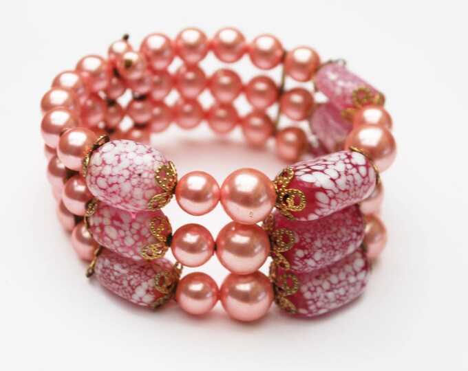 Pink Bead Cuff Bracelet - melatic pink - artglass beads - wire - bangle