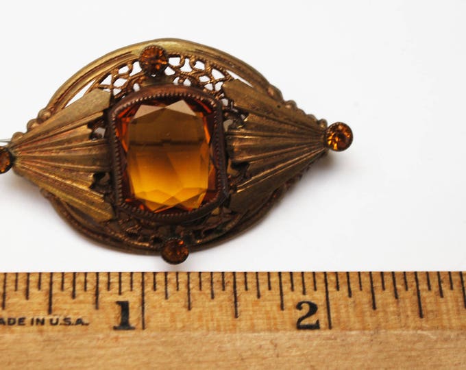 Amber Citrine Glass Brooch - Gold Filigree Gilt Brass - orange Crystal - Vintage Pin